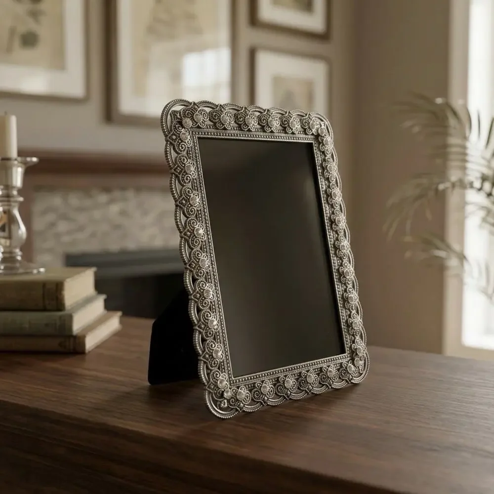 Jeweled Photo Frame Silver Rhinestone Filigree Vintage Victorian Glam 4